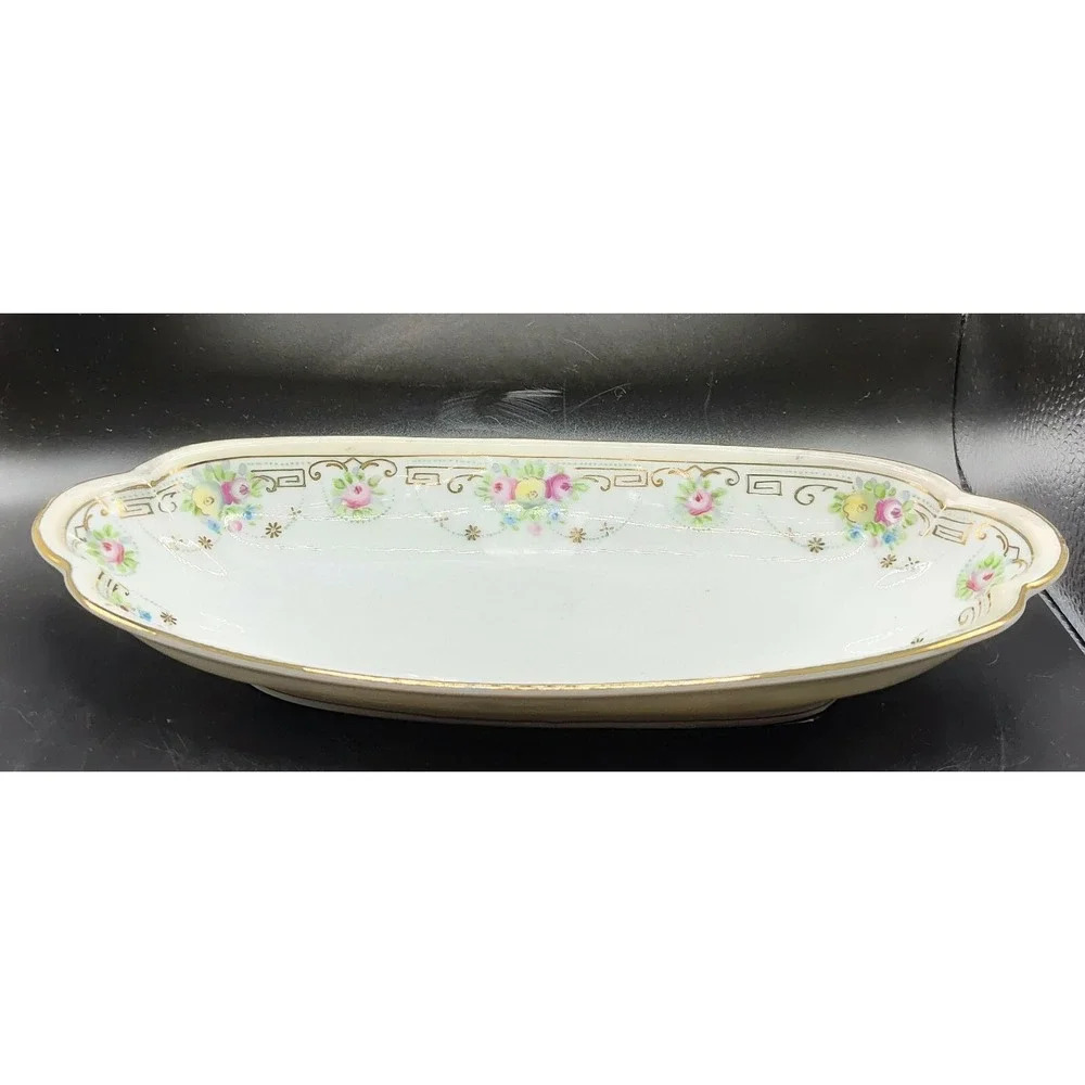 Vintage Hand Painted Nippon Celery Dish Green & Gold Accents Floral 11.5